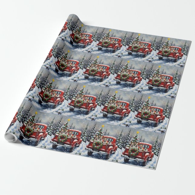 Bull Terrier Christmas Red Truck Holiday Wrapping Paper (Unrolled)