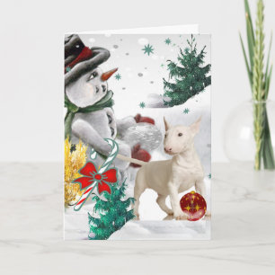 Bull Terrier Christmas with Snowman Holiday Card
