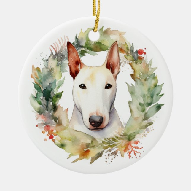 Bull Terrier Christmas Wreath Festive Pup  Ceramic Tree Decoration (Front)