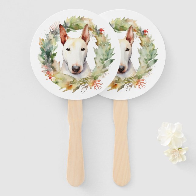 Bull Terrier Christmas Wreath Festive Pup  Hand Fan (Front and Back)