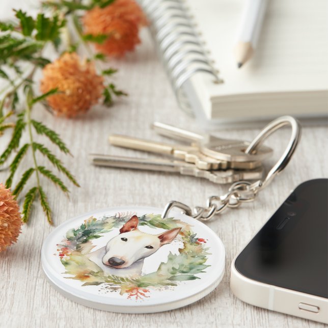 Bull Terrier Christmas Wreath Festive Pup  Key Ring (Front Right)