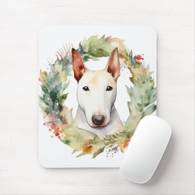 Bull Terrier Christmas Wreath Festive Pup  Mouse Mat (With Mouse)