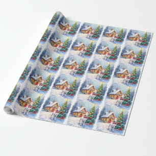 Bull Terrier Cosy Cottage Christmas Tree Art Wrapping Paper