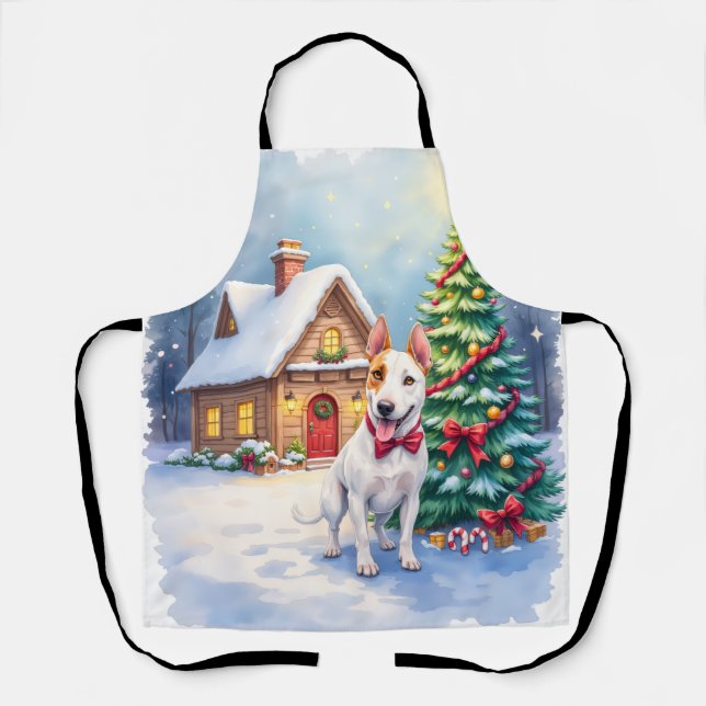 Bull Terrier Cozy Cottage Christmas Tree Art Apron (Front)