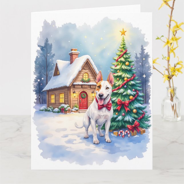 Bull Terrier Cozy Cottage Christmas Tree Art Card (Yellow Flower)