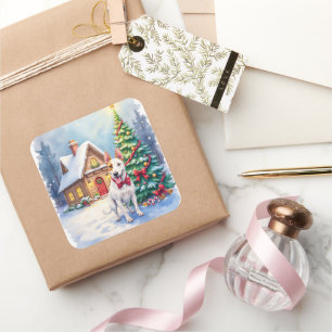 Bull Terrier Cozy Cottage Christmas Tree Art Square Sticker