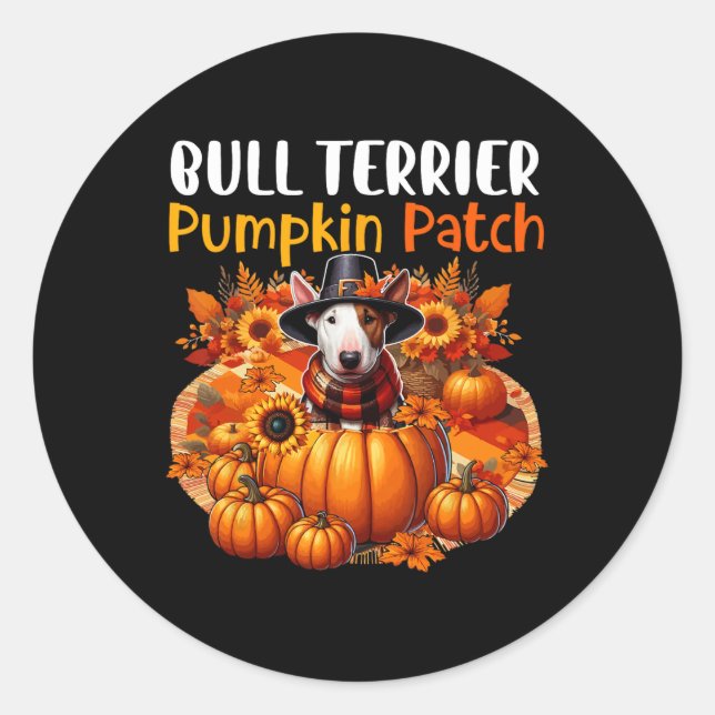 Bull Terrier Cute Patch Thanksgiving Pumpkins Fall Classic Round Sticker (Front)