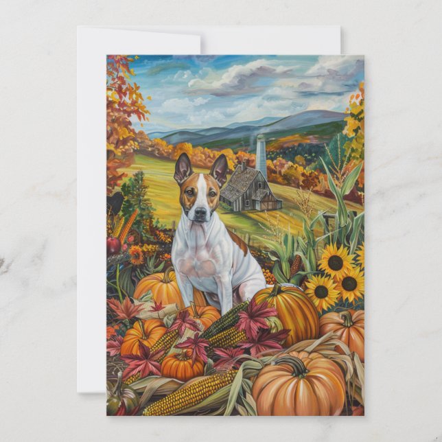 Bull Terrier Dog Autumn Harvest Thanksgiving Holiday Card (Front)