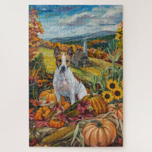 Bull Terrier Dog Autumn Harvest Thanksgiving Jigsaw Puzzle