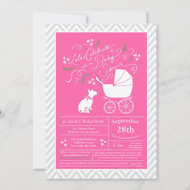 Bull Terrier Dog Baby Shower Pink Girl Invitation (Front)