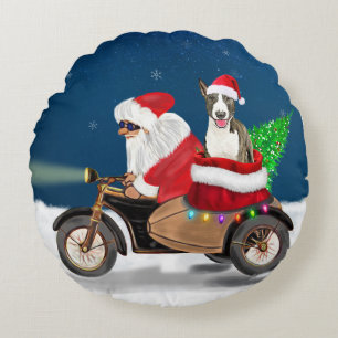 Bull Terrier Dog Christmas Santa Claus  Round Cushion