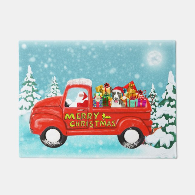 Bull Terrier Dog Christmas Santa Delivery Truck Doormat (Front)