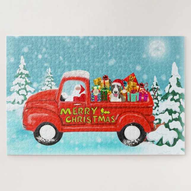 Bull Terrier Dog Christmas Santa Delivery Truck Jigsaw Puzzle (Horizontal)
