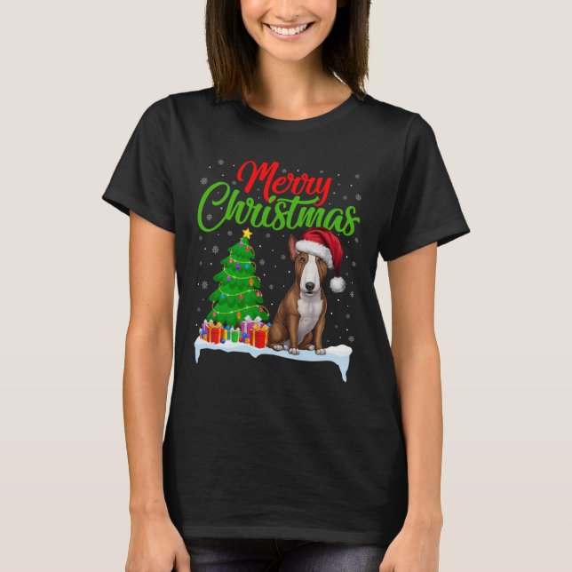 Bull Terrier Dog Christmas Tree Lights Funny Xmas  T-Shirt (Front)