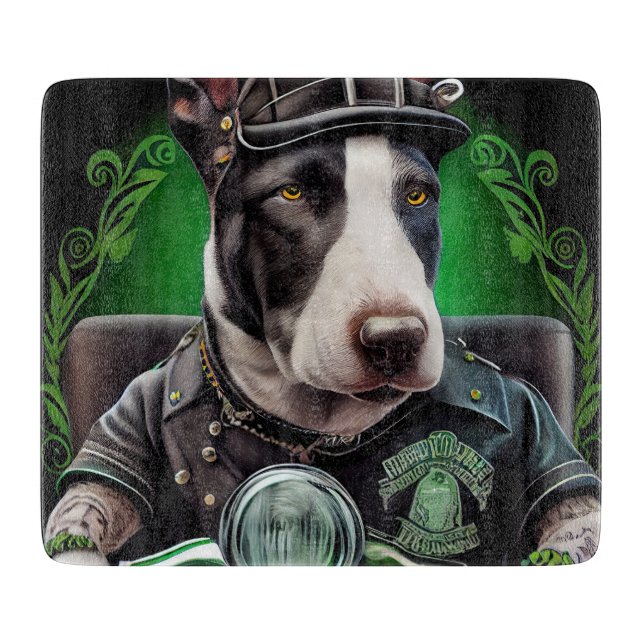 Bull Terrier Dog Driving Bike St. Patrick's Day Cutting Board (Front)