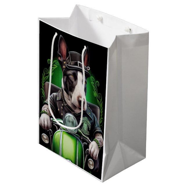 Bull Terrier Dog Driving Bike St. Patrick's Day Medium Gift Bag (Front Angled)