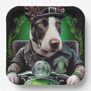 Bull Terrier Dog Driving Bike St. Patrick's Day Paper Plate