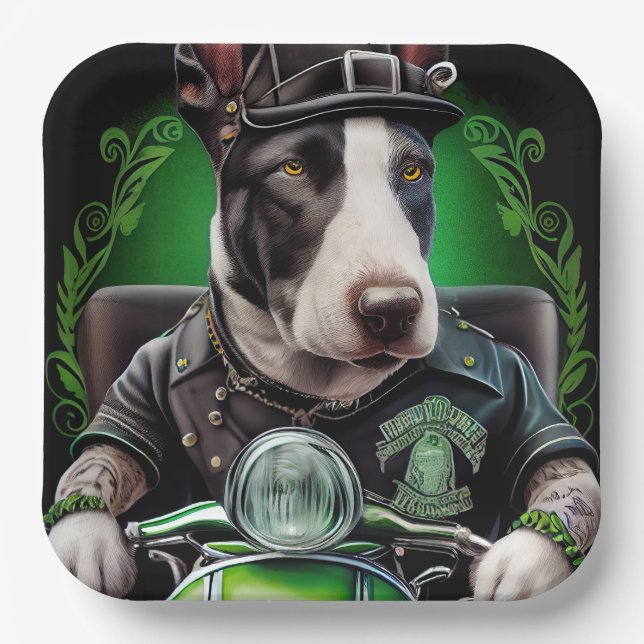 Bull Terrier Dog Driving Bike St. Patrick's Day Paper Plate (Front)