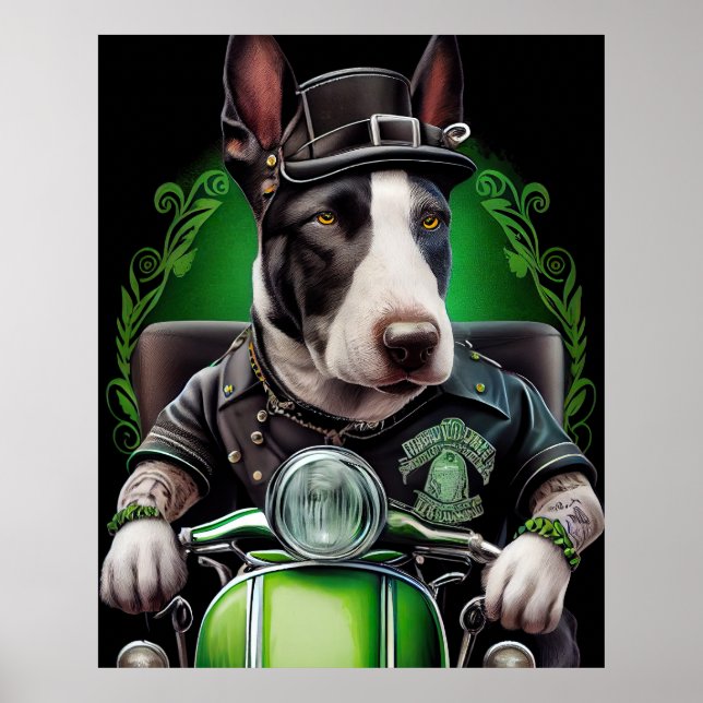 Bull Terrier Dog Driving Bike St. Patrick's Day Poster (Front)