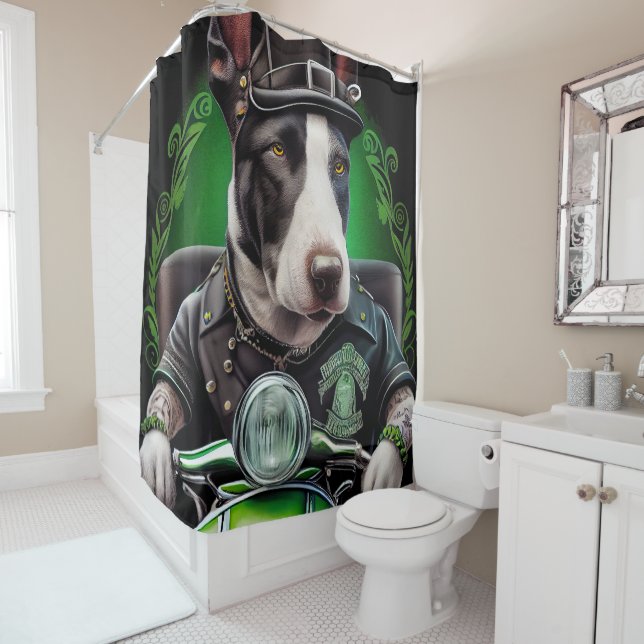Bull Terrier Dog Driving Bike St. Patrick's Day Shower Curtain (In Situ)