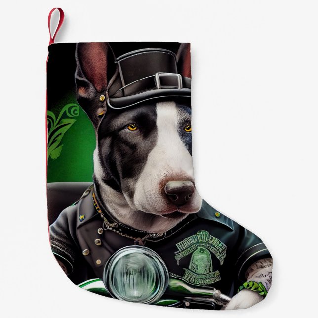 Bull Terrier Dog Driving Bike St. Patrick's Day Small Christmas Stocking (Front)