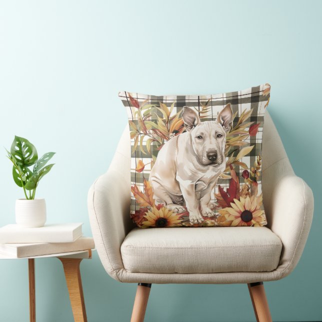 Bull Terrier Dog Fall Watercolor Flowers Cushion (Chair)