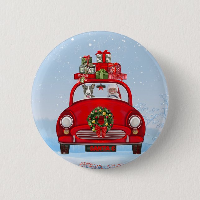 Bull Terrier Dog In Car With Santa Claus  6 Cm Round Badge (Front)
