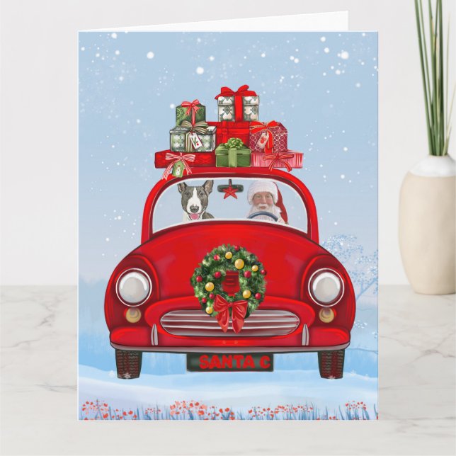 Bull Terrier Dog In Car With Santa Claus  Card (Front)