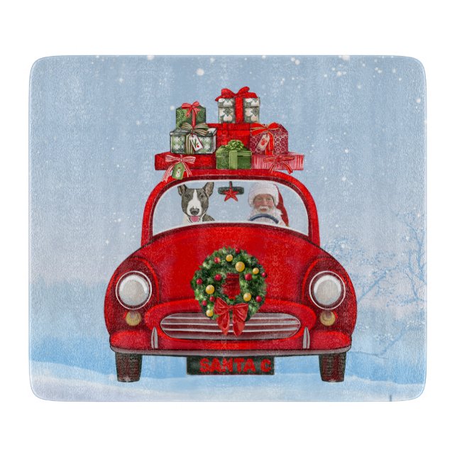 Bull Terrier Dog In Car With Santa Claus  Cutting Board (Front)