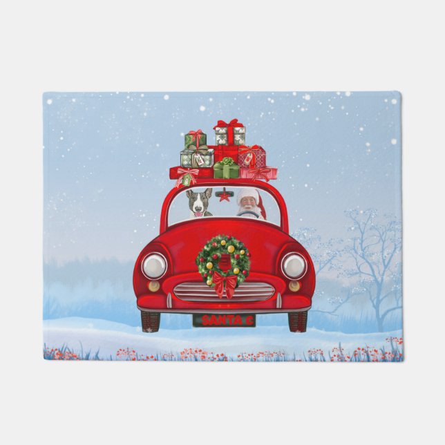 Bull Terrier Dog In Car With Santa Claus  Doormat (Front)