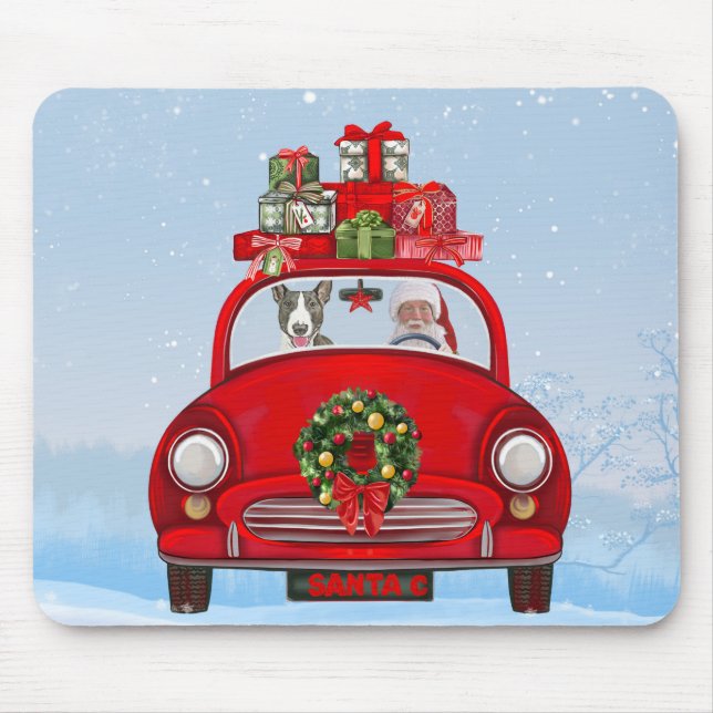 Bull Terrier Dog In Car With Santa Claus Mouse Mat (Front)