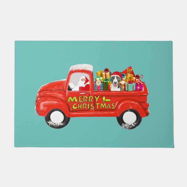 Bull Terrier Dog in Christmas Delivery Truck Doormat (Front)
