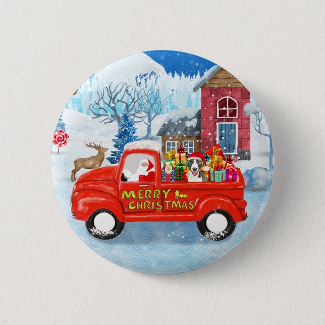Bull Terrier Dog in Christmas Delivery Truck Snow  6 Cm Round Badge (Front)