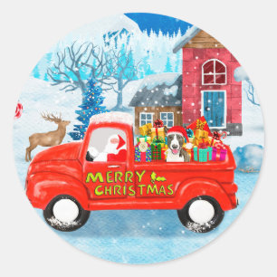 Bull Terrier Dog in Christmas Delivery Truck Snow Classic Round Sticker