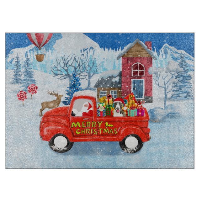 Bull Terrier Dog in Christmas Delivery Truck Snow Cutting Board (Front)
