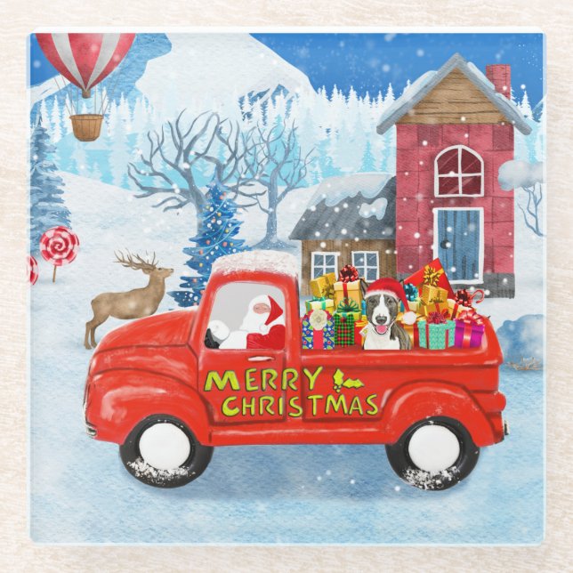Bull Terrier Dog in Christmas Delivery Truck Snow  Glass Coaster (Front)