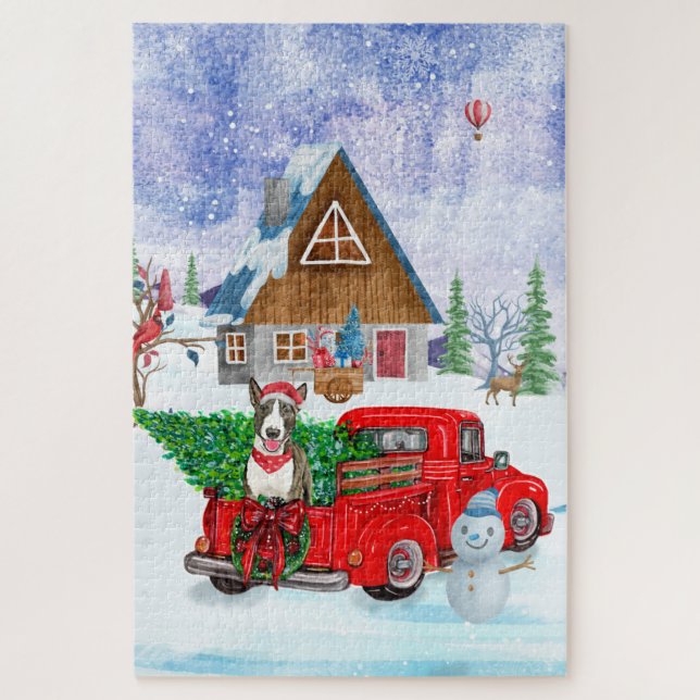 Bull Terrier dog In Christmas Delivery Truck Snow Jigsaw Puzzle (Vertical)
