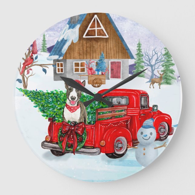 Bull Terrier dog In Christmas Delivery Truck Snow Large Clock (Front)