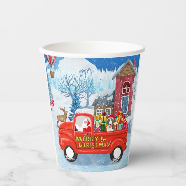 Bull Terrier Dog in Christmas Delivery Truck Snow  Paper Cups (Front)