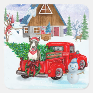 Bull Terrier dog In Christmas Delivery Truck Snow Square Sticker