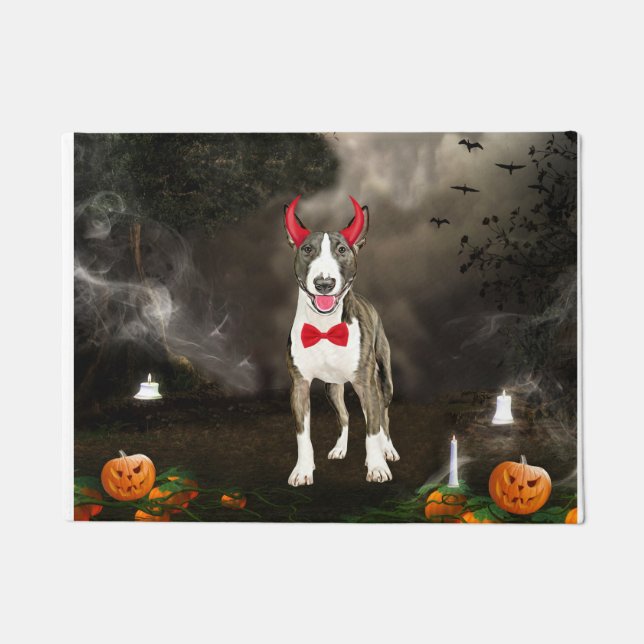 Bull Terrier Dog in Halloween Costume Doormat (Front)
