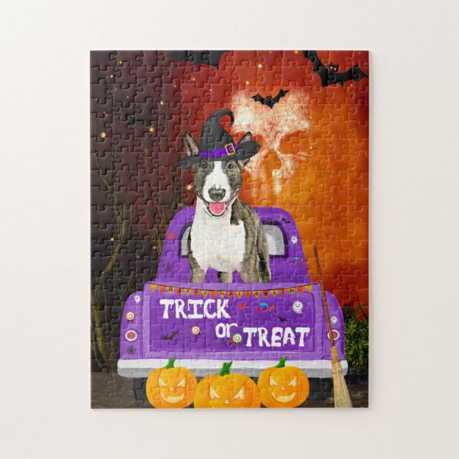 Bull Terrier Dog in Halloween Truck Jigsaw Puzzle (Vertical)