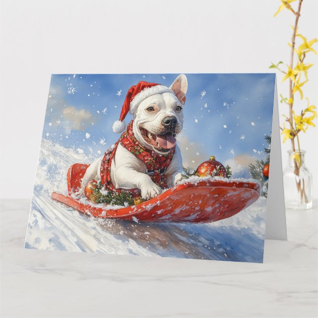 Bull Terrier Dog in Sledge Let it Snow Christmas Card (Yellow Flower)