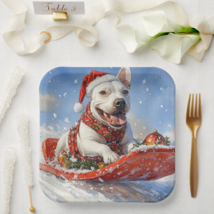 Bull Terrier Dog in Sledge Let it Snow Christmas Paper Plate