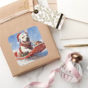 Bull Terrier Dog in Sledge Let it Snow Christmas Square Sticker