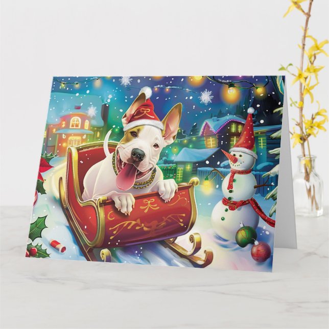 Bull Terrier Dog in Sleigh Snow Christmas Card (Yellow Flower)
