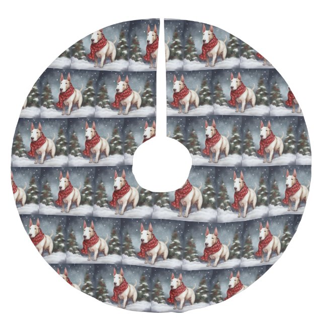 Bull Terrier Dog in Snow Christmas  Brushed Polyester Tree Skirt (Front)