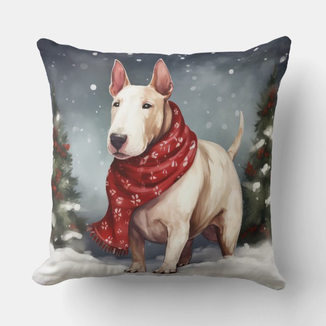 Bull Terrier Dog in Snow Christmas  Cushion (Front)