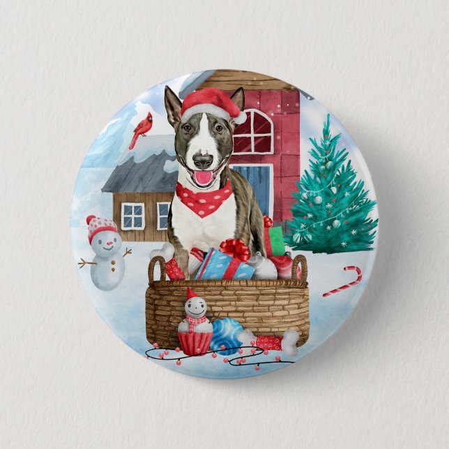 Bull Terrier Dog In snow Christmas Dog House 6 Cm Round Badge (Front)