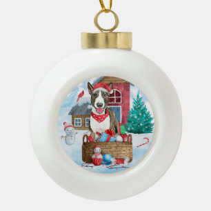 Bull Terrier Dog In snow Christmas Dog House Ceramic Ball Christmas Ornament